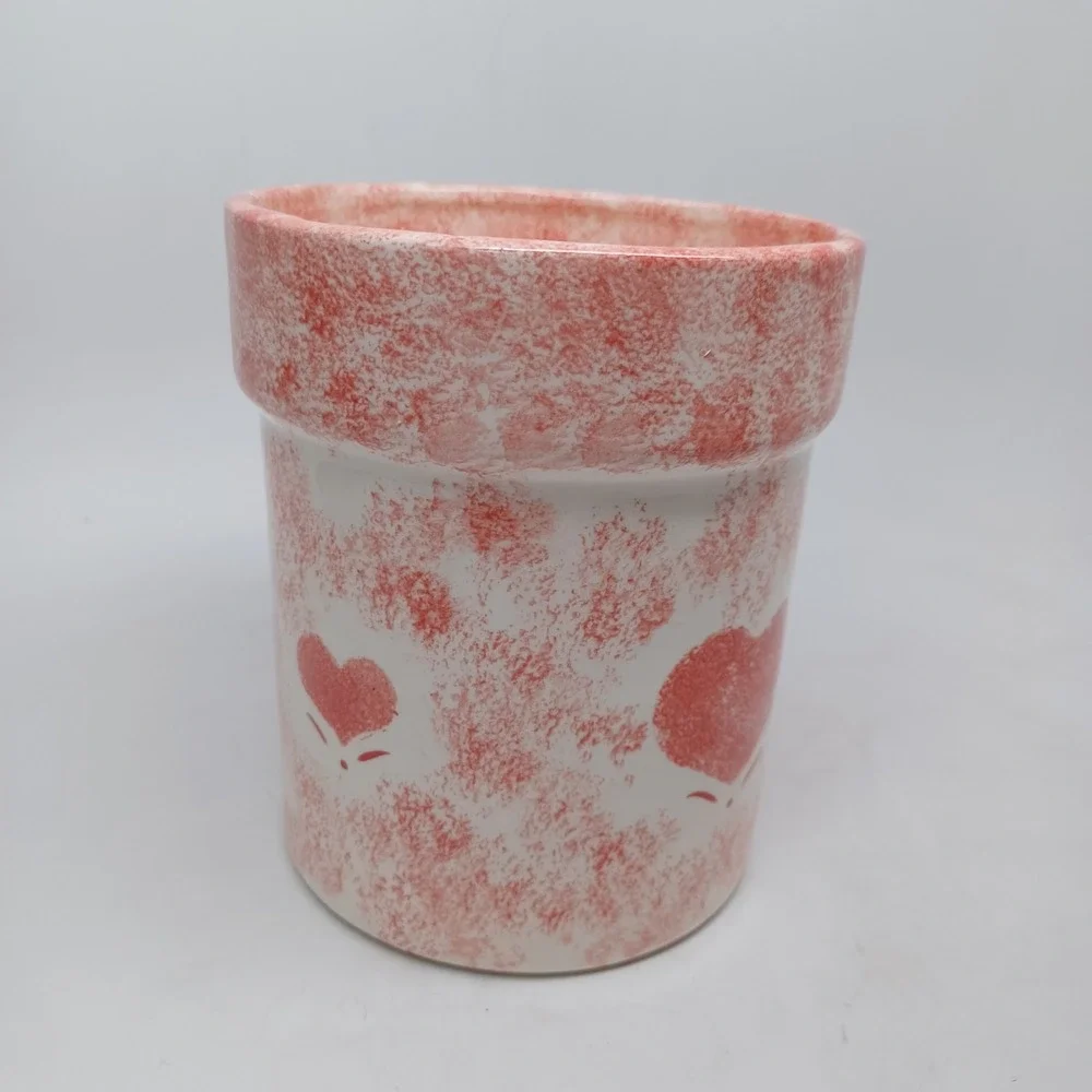 Pink Spongeware Heart Ceramic Planter Utensil Holder White Handmade 5.25in